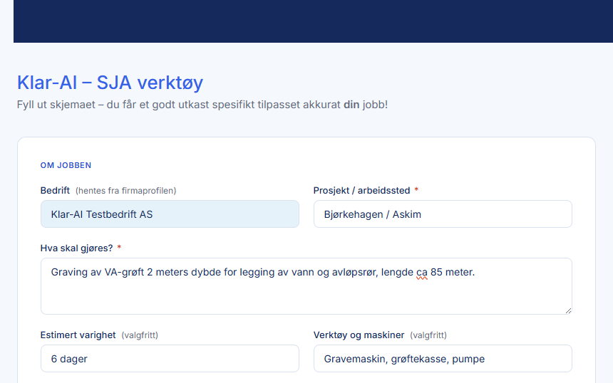 Skjema: beskriv jobben i Klar-AI